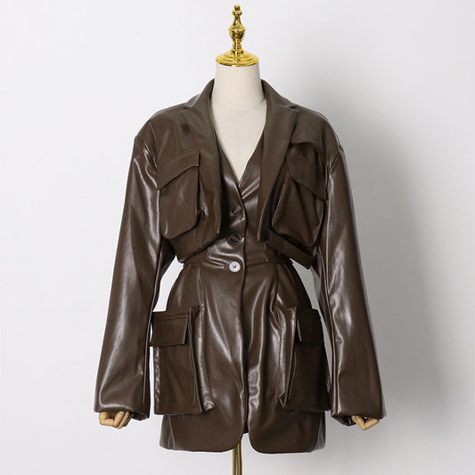 GALCAUR Brown Blazers For Women Notched Collar Long Sleeve Patchwork Pockets Lace Up High Street Coats Female Fall Clothing