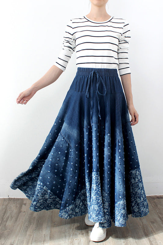 Denim Skirt, Half-length, Large-length Skirt, Printed High-waisted Skirt