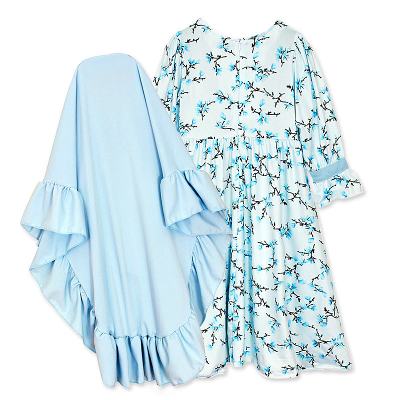 Girls Arab Clothing Spring And Autumn Models, Long-Sleeved Floral Muslim Long Dress And Turban Two-Piece Suit