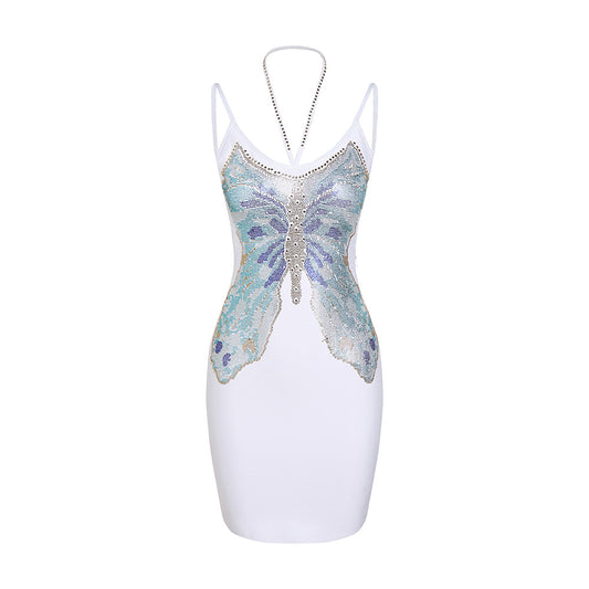 Back Butterfly Diamond Mini Bandage Dress