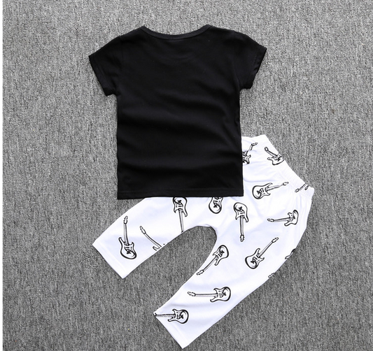New Children's Clothing Ins Boy Cartoon T-shirt Violin Print Pants 2 Sets