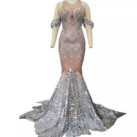 Nightclub Bar Sleeveless Long Fringed Bright Diamond Dress