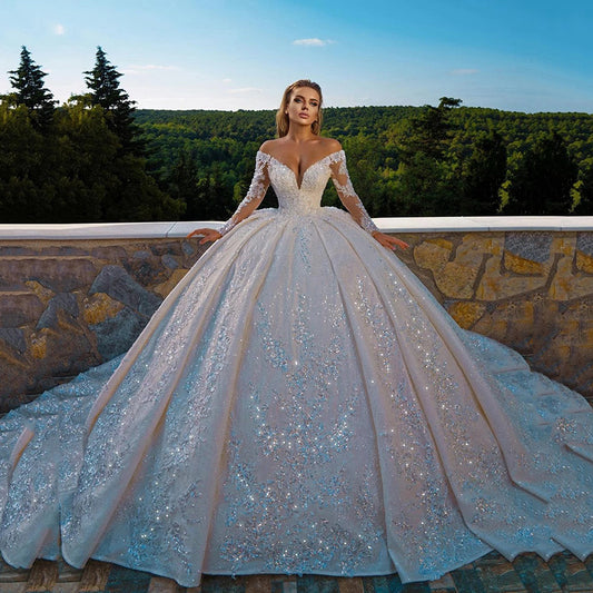 Fashion Shiny Long Sleeve Ball Gown Fitted Waist Backless Sequin Wedding Dress