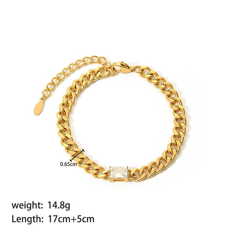 Stainless Steel Necklace Bracelet Jewelry Inlaid Rectangular Zircon 18K Gold Cuban Link Chain Necklace