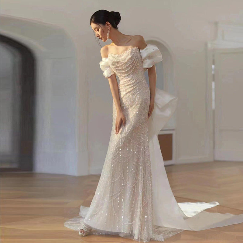 New Off-shoulder Sequined Fishtail Welcome Light Wedding Engagement Dress