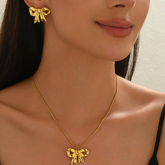 Lxalry 18K Gold Plated Bow Mirror Jewelry Set Hypoallergenic Skin Safe Necklace Earrings For Weddings Gifting, Never Fade Adjustable Luxury With Precision-Cast Ribbon