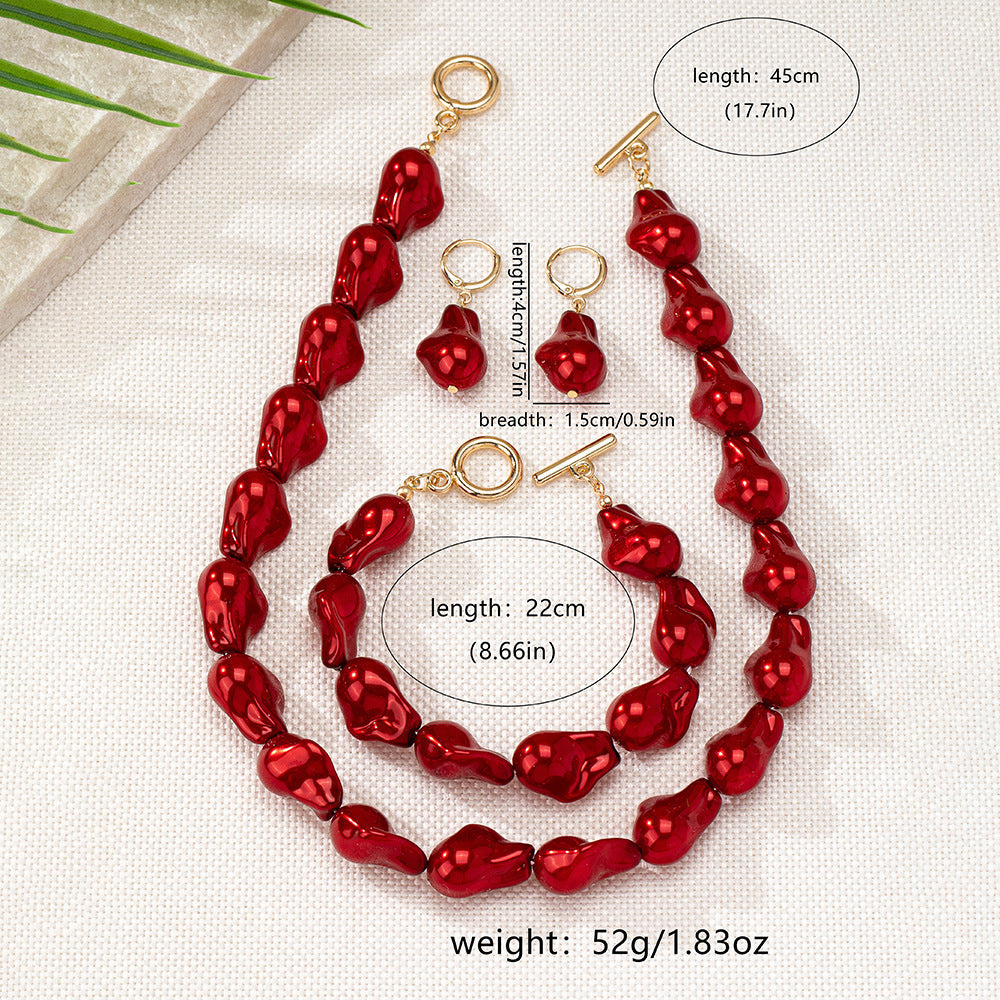 New Shaped Pearl Necklace Bracelet Ear Studs Suit Vintage