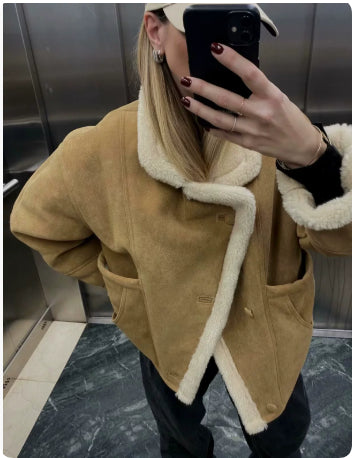 Fashionable Warm Vintage Lamb Wool Baggy Coat Women