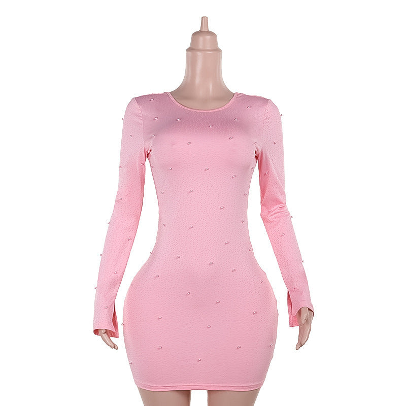 Backless Long Sleeves Beaded Dress Women