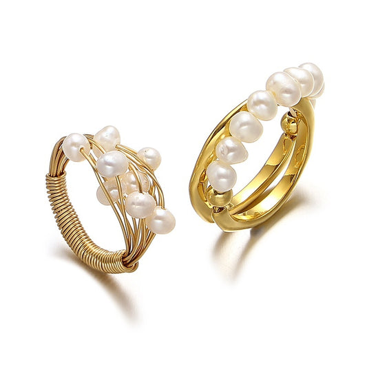 Retro Elegant Brass Plated 18K Real Gold Natural Pearl Ring