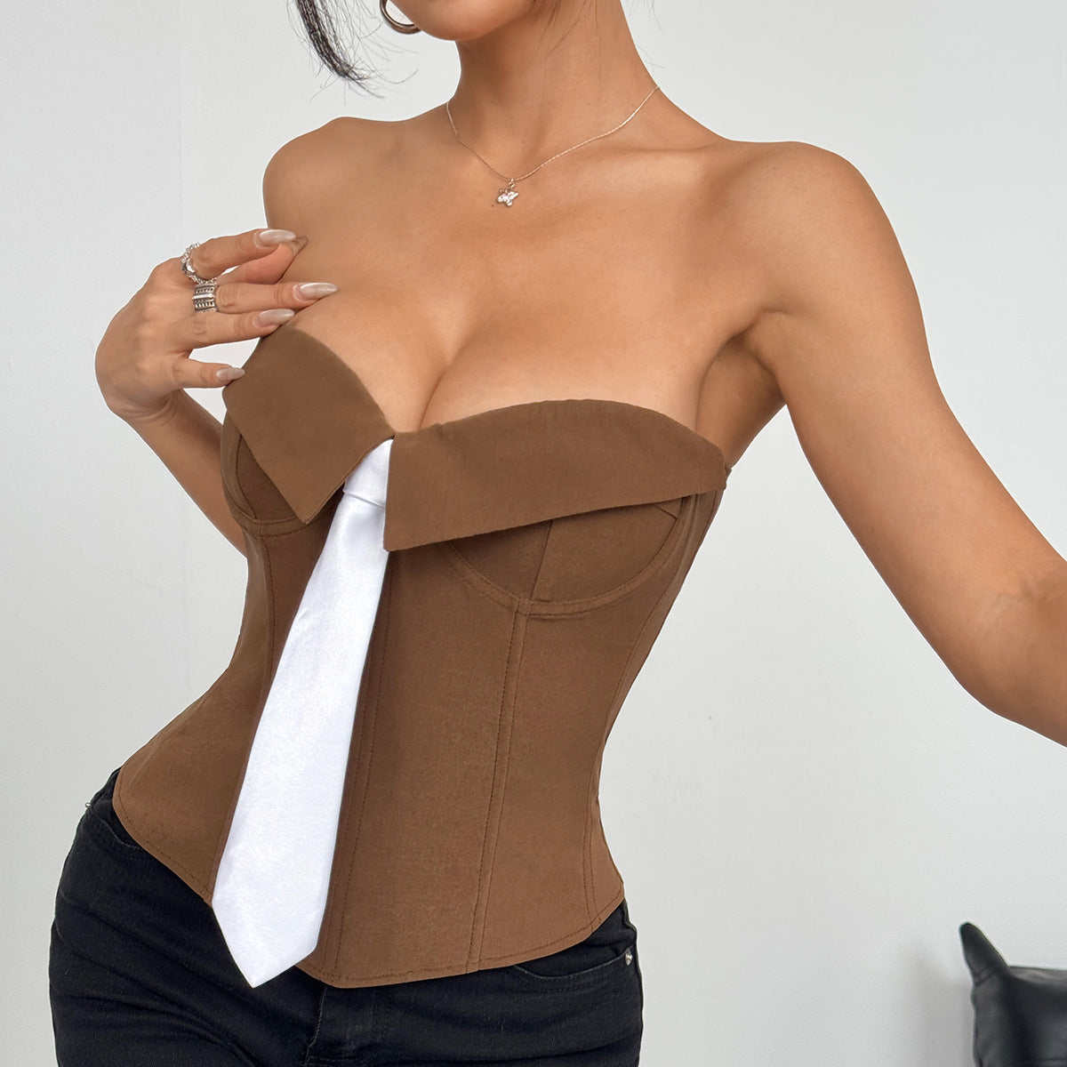 Y2k Bandeau Top With Faux-tied Design Ins Fashion Solid Color Vest For Women Clothing
