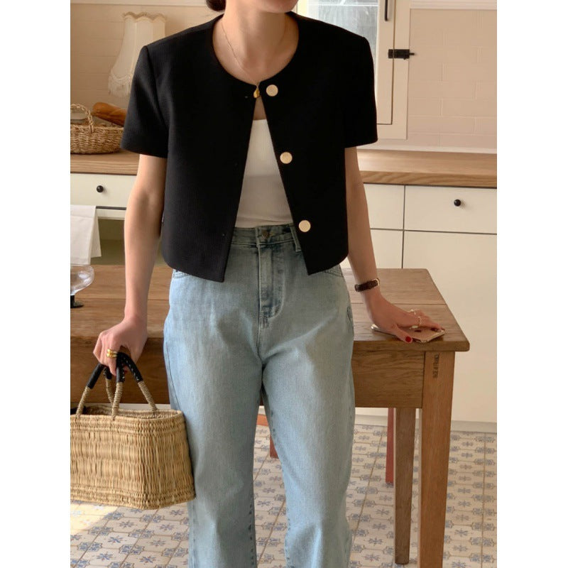 Summer Elegant Classic Style Round Neck Single-breasted Loose Leisure All-matching Puff Sleeve Short Coat For Women