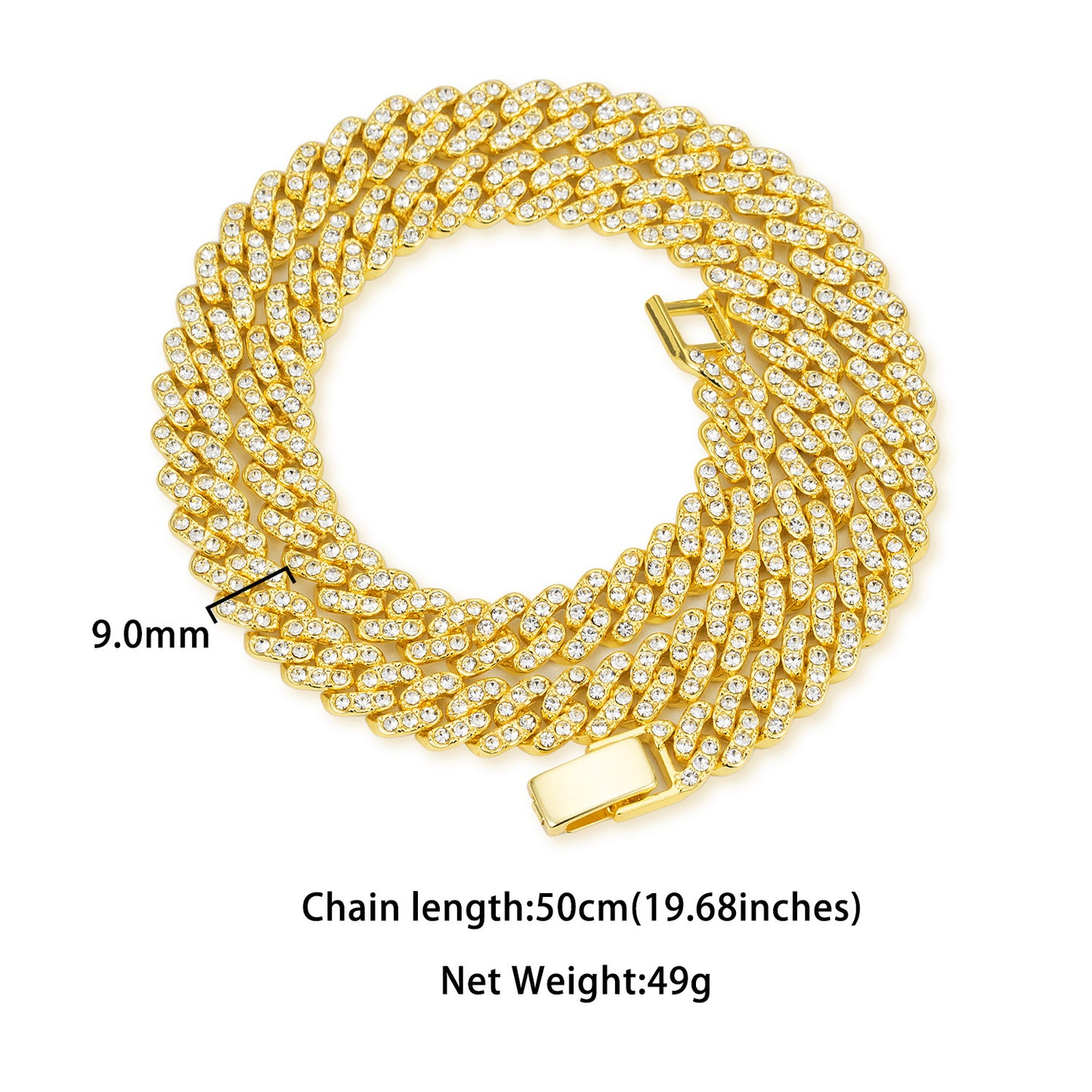 9mm Cuban Link Chain Alloy Single Row Drill Men's Necklace