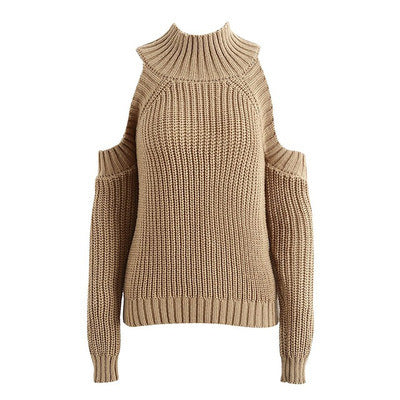 Shoulder Plain Pullover Knitted Sweater For Women