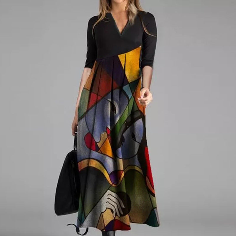 New Printed Cotton Long Dress Pullover Premium Classic Style Red Temperament Commute Mid-waist Clothing
