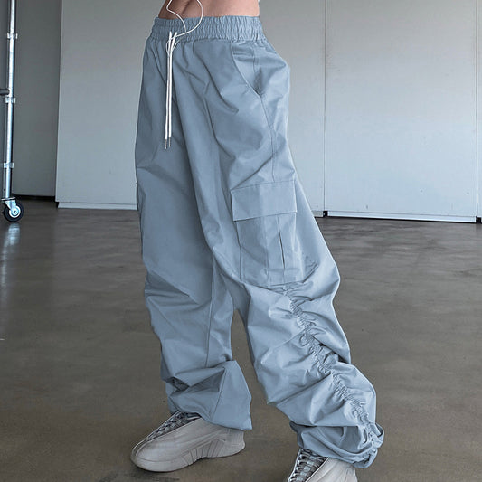 Grey Blue Pleated Drawstring Casual Pants For Women