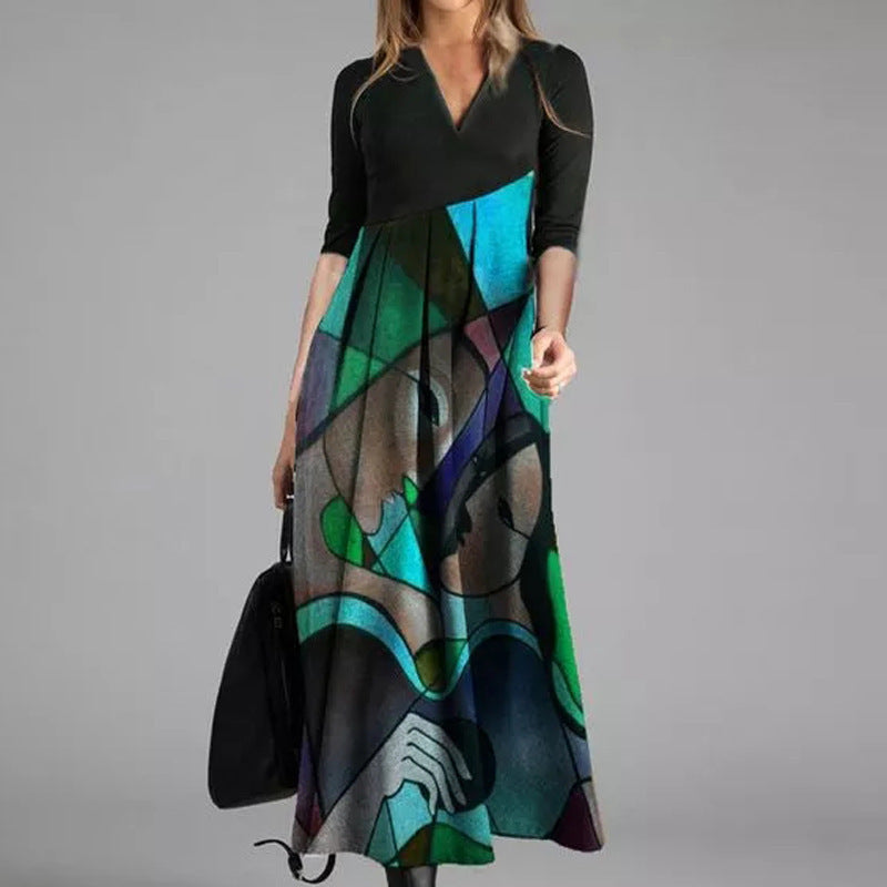 New Printed Cotton Long Dress Pullover Premium Classic Style Red Temperament Commute Mid-waist Clothing
