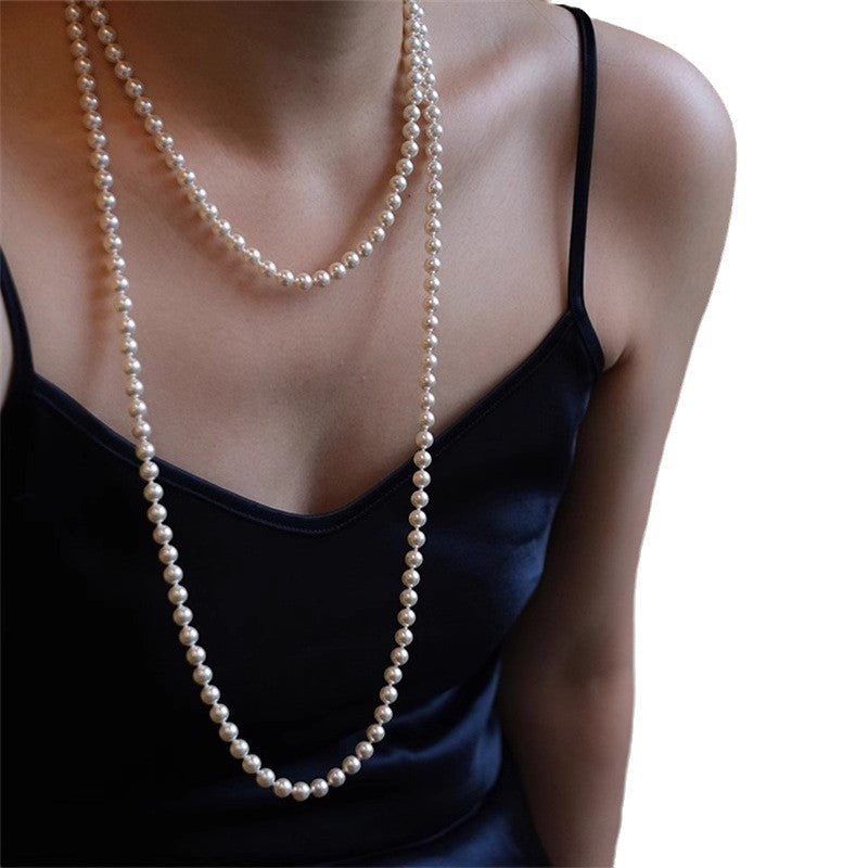 Vintage Double Deck And Multi-layer Twin Perfect Circle Long Pearl Necklace