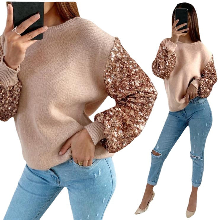 Round Neck Sequined Top Long Sleeve Women