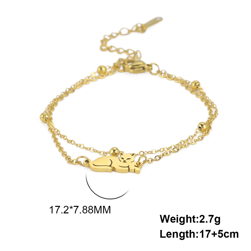 Cute Double Hole Lying Kitten Pendant Titanium Steel Bracelet