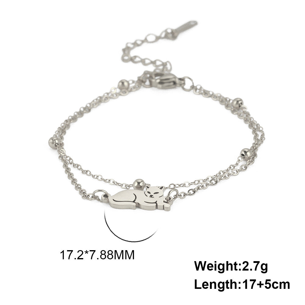 Cute Double Hole Lying Kitten Pendant Titanium Steel Bracelet