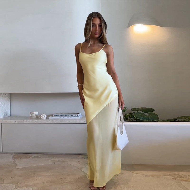 Classic Style Elegant Slim Satin Stitching Mesh Spaghetti-strap Dress