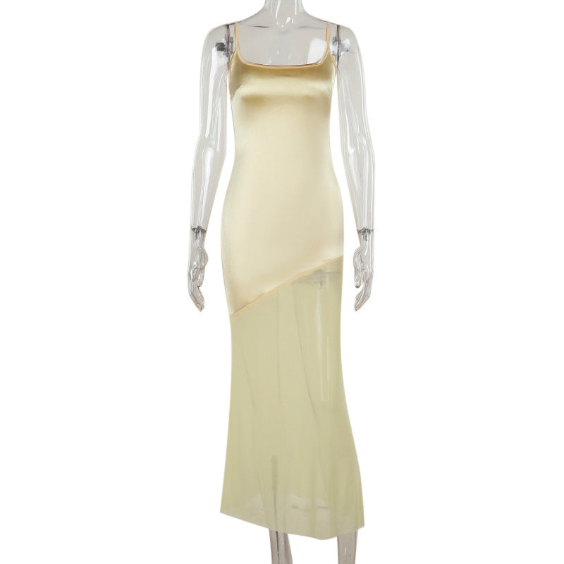 Classic Style Elegant Slim Satin Stitching Mesh Spaghetti-strap Dress