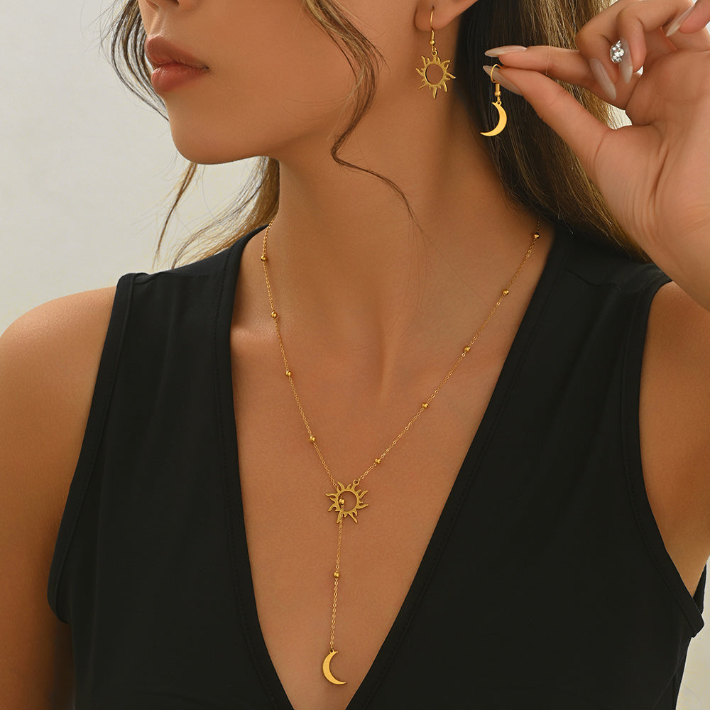 Lxalry 18K Gold Plated Sun  Moon Jewelry Set Mirror Polish Hypoallergenic Necklace  Earrings For Daily Evening Never Fade Luxury Gift With Celestial Symmetry