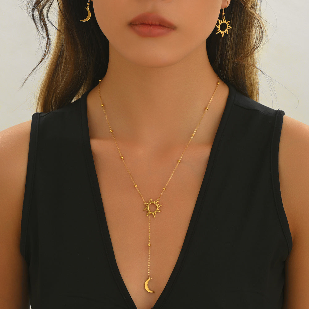 Lxalry 18K Gold Plated Sun  Moon Jewelry Set Mirror Polish Hypoallergenic Necklace  Earrings For Daily Evening Never Fade Luxury Gift With Celestial Symmetry