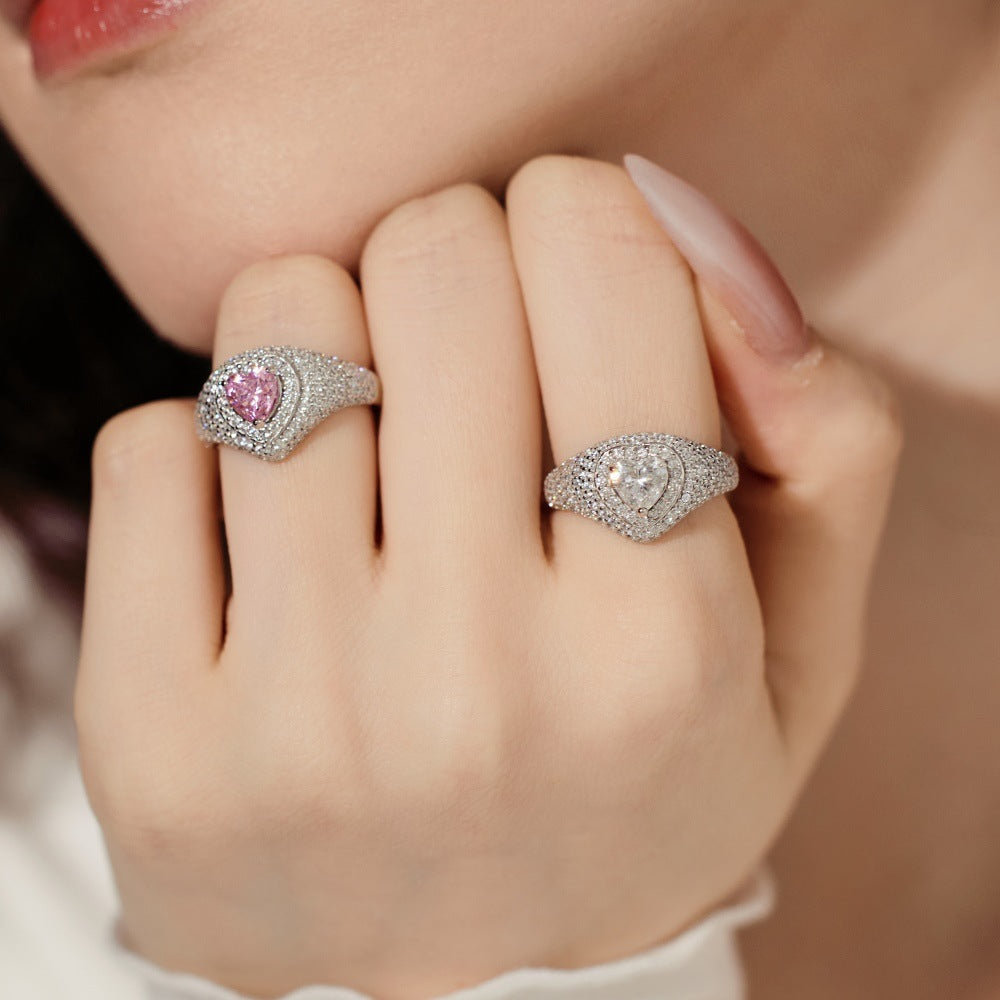 Wedding Style S925 Sterling Silver Ring Female Delicate Heart Full Zirconium Inlaid Holiday Ring