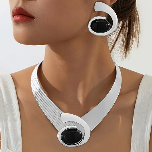 Lxalry Black & White Electroplated Armor Necklace  Handmade Iron Jewelry With Crystal Accents  Hypoallergenic 316L Gift For Modern Minimalist Style  Evening Edge