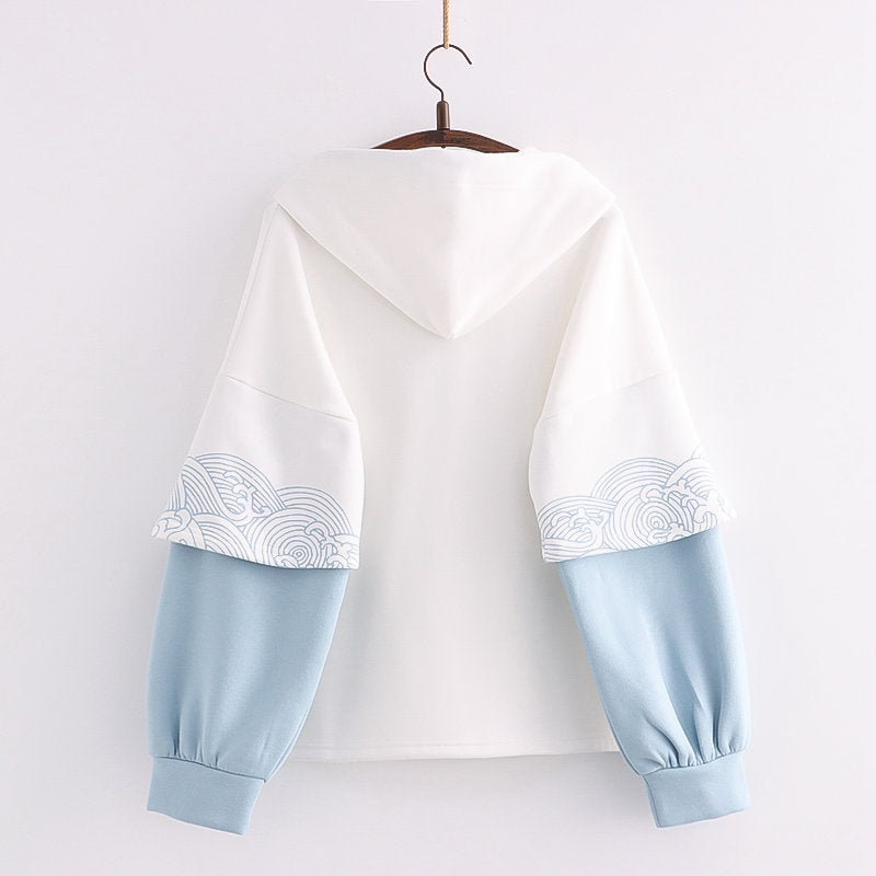 Embroidered Sleeves Wave Print Contrast Color And Velvet Padded Pullover Sweater Women