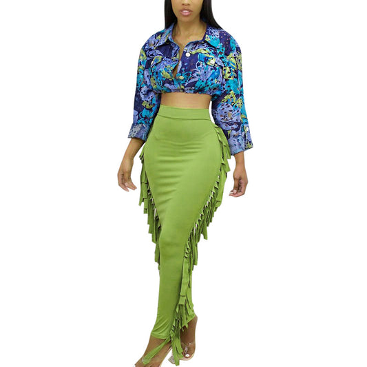 Casual High Waist Pleated Mid-length Fringed Skirt